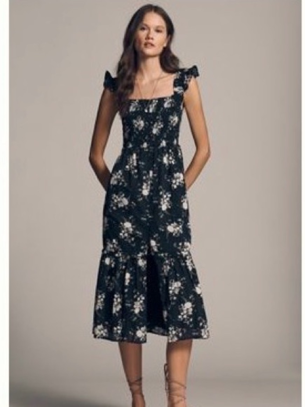Anthropologie Floral Peregrine Square-Neck Midi Dress in Charcoal/Black
